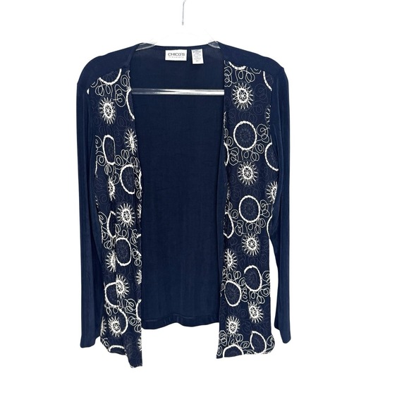 Chico's Sweaters - CHICOS Travelers Size 1 US M Slinky Knit Cardigan Navy Blue Embroidered